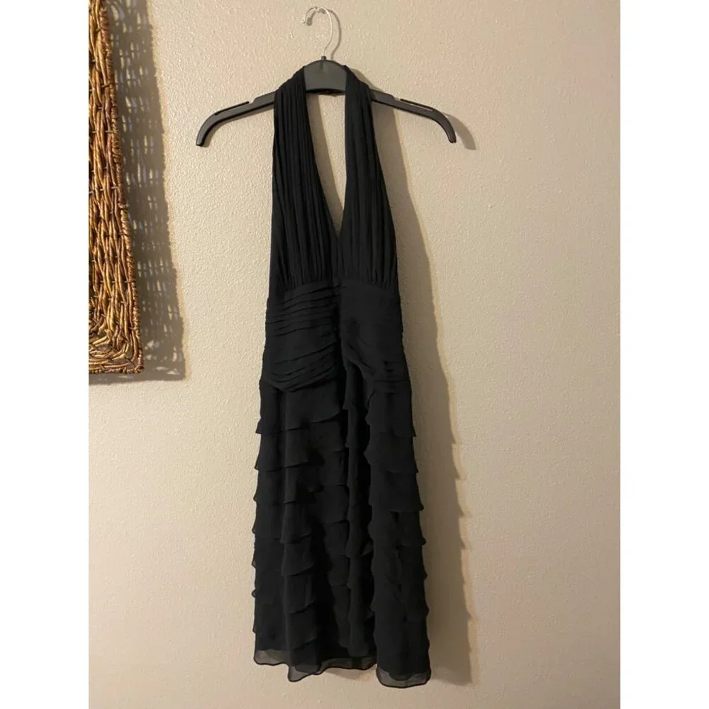 Tadashi Dress Black 10P 10 P Silk Halter Tiered Open Back Party Wedding Cruise - Picture 7 of 8